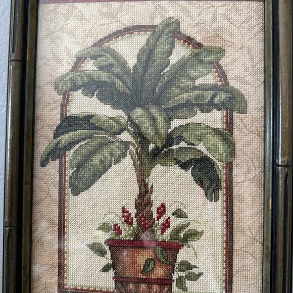 Tiki Cross Stitch Potted Tree FRAMED Wall Decor Completed Vintage - Picture 2 of 12